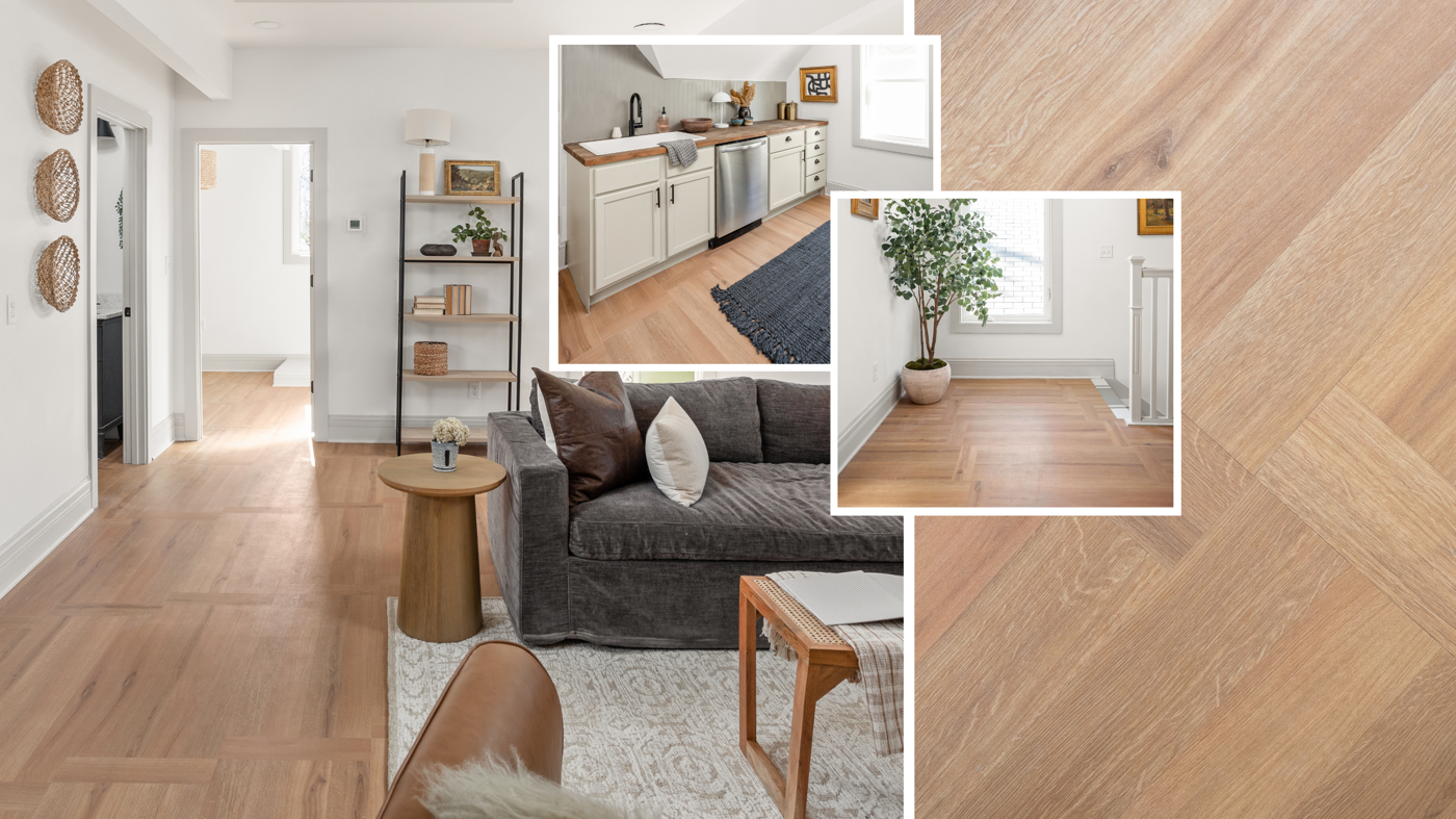 After photos of the rental unit featuring French basketweave pattern floors in episode 1 of season 8 of Good Bones; photo credit: Cory Phillips, The Home Aesthetic