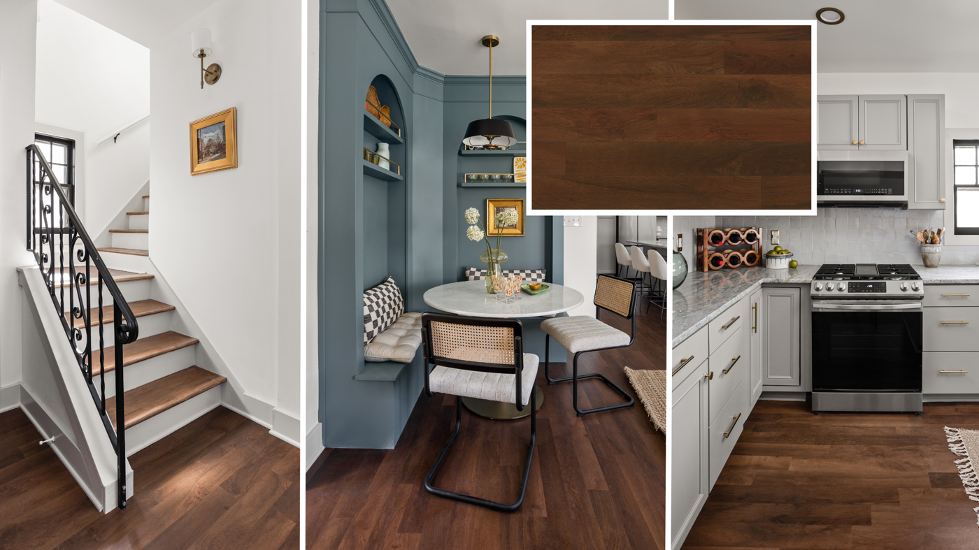 After photos of a historic remodel featuring dark, warm floors from Karndean in episode 3 of Good Bones season 8; photo credit: Cory Phillips, The Home Aesthetic