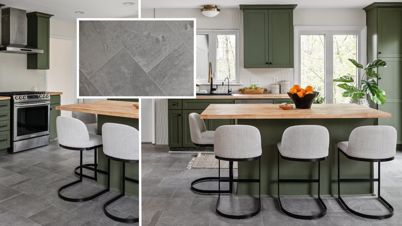 Grey Riven Slate ST16 with concrete-colored design strips DS12 in Tad's kitchen remodel from Good Bones season 8; photo credit: Cory Phillips, The Home Aesthetic