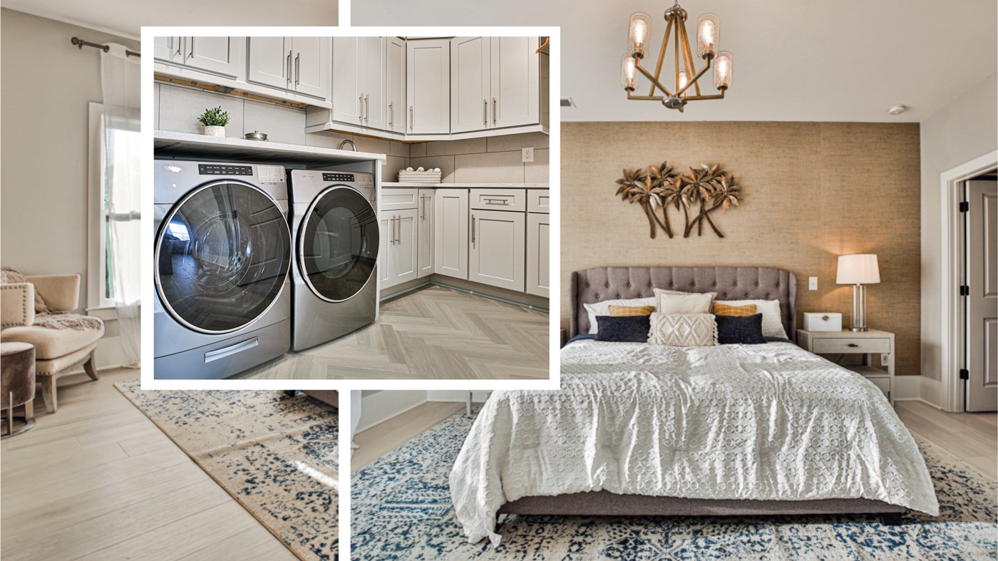 Brian and Mika Kleinschmidt's main bedroom using Glacier Oak RL21 and laundry room using the smaller Glacier Oak SM-RL21 planks in herringbone pattern