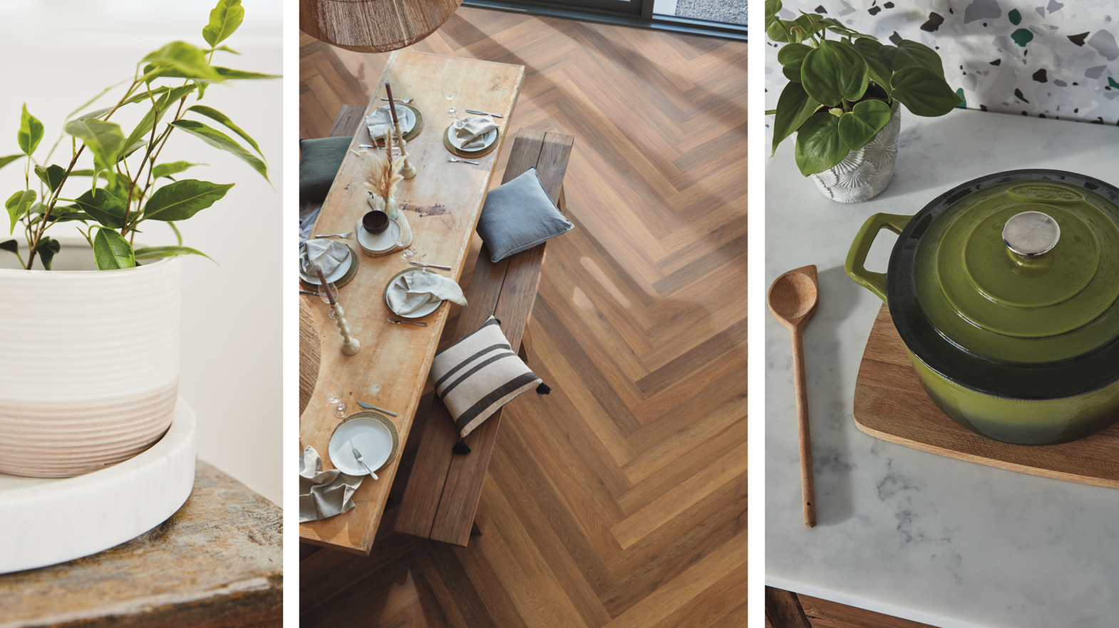 Plants, green dutch oven and dining room with herringbone Golden Kent Ash floors