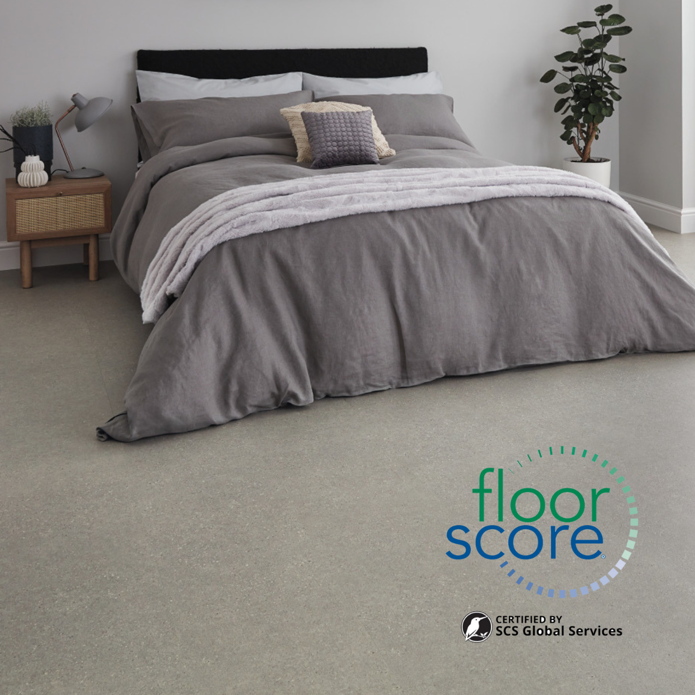 Olten Stone ST24 in a bedroom with the FloorScore® logo