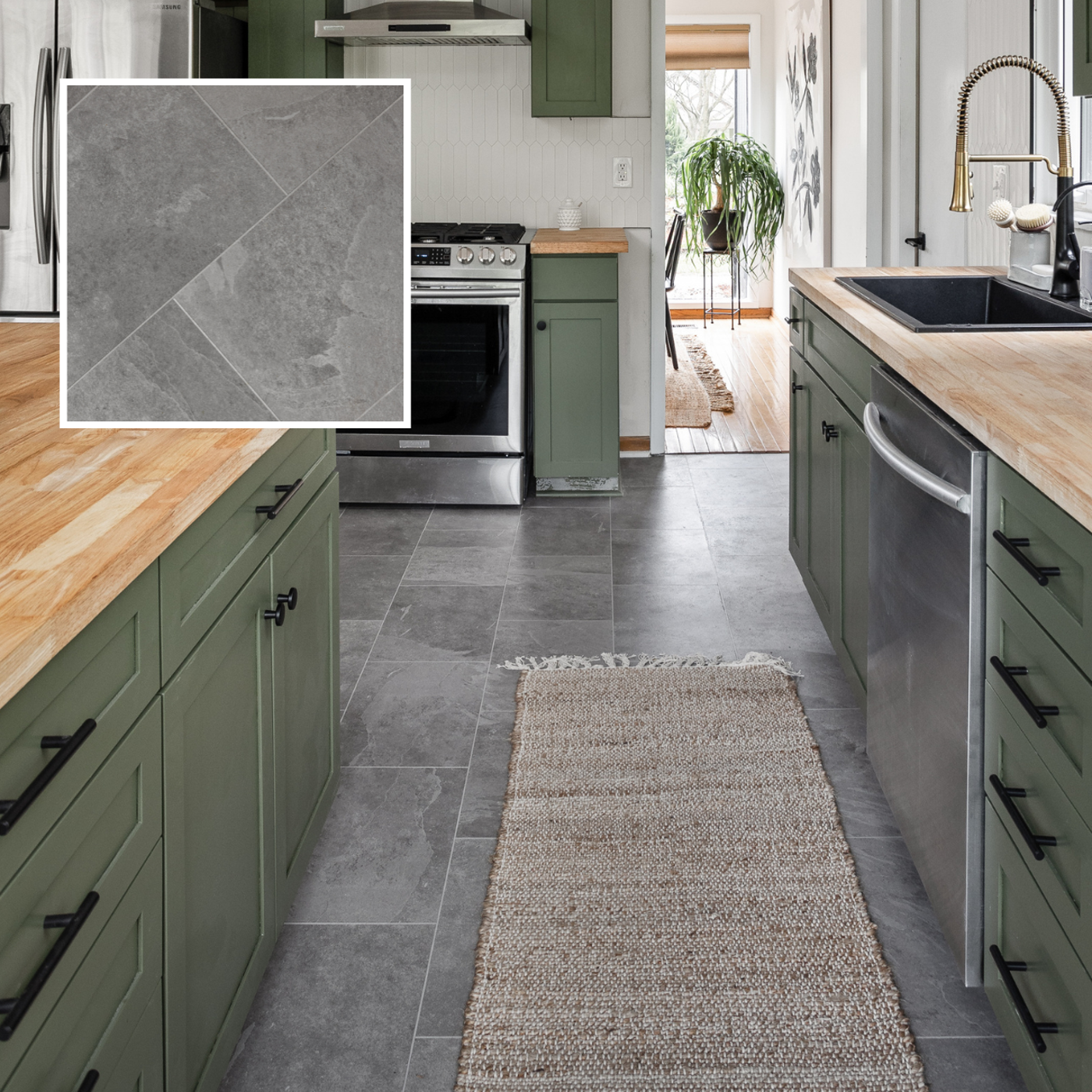 Grey Riven Slate ST16 with DS12 design strips in a kitchen designed by Mina Starsiak Hawk on Good Bones Season 8; photo credit: Cory Phillips, The Home Aesthetic