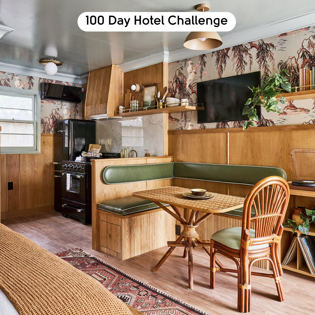 Champagne Oak LLP310 floors in motel dinette designed by Mika Kleinschmidt in 100 Day Hotel Challenge