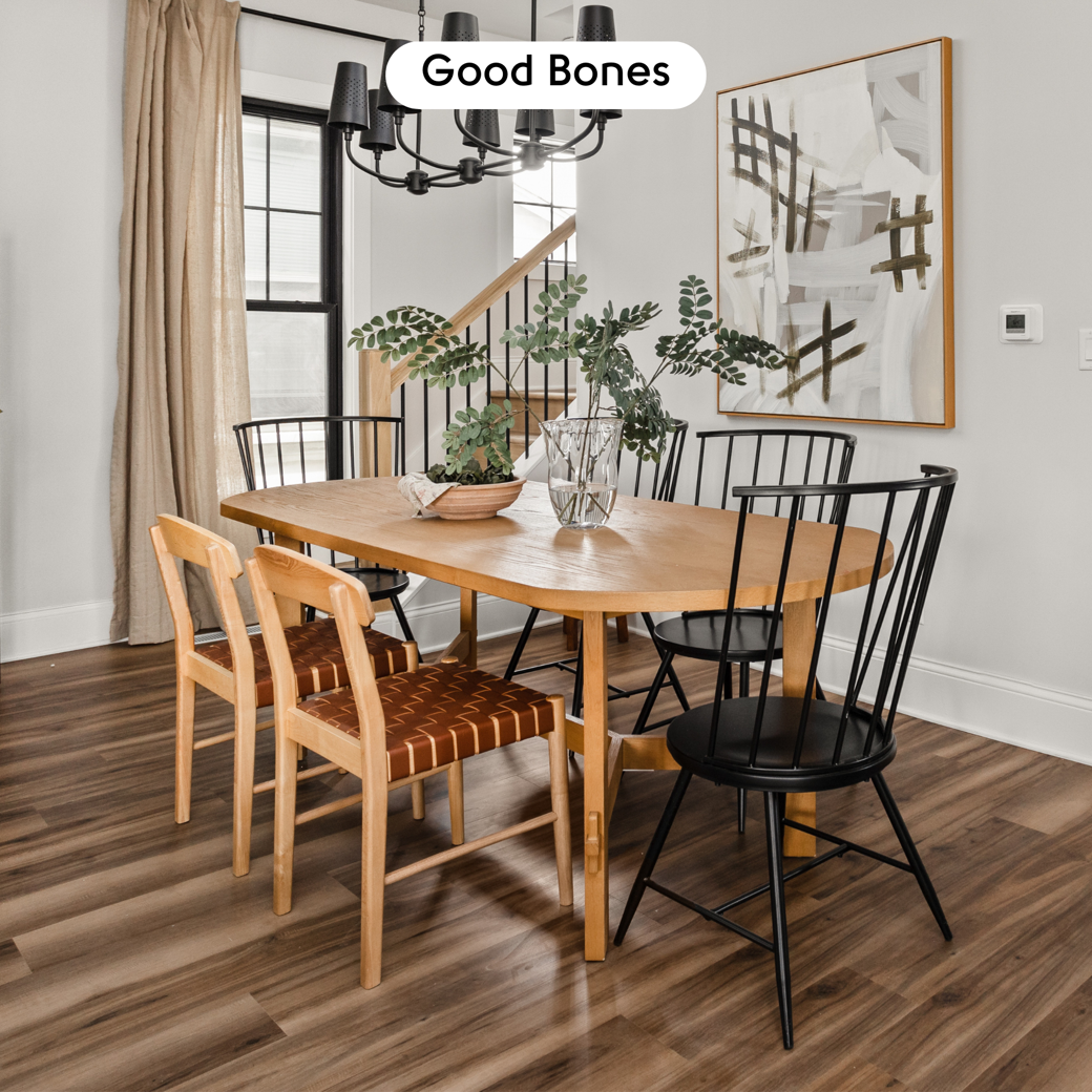 Smoked American Maple RCP6545 floors in the dining room on season 8 of Good Bones; photo credit: Cory Phillips, The Home Aesthetic