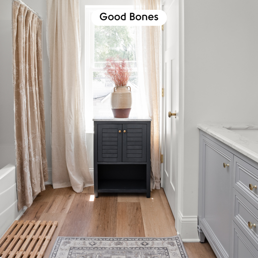 Warm Ash RKP8103 floors in an apartment bathroom designed by Mina Starsiak Hawk on Good Bones; photo credit: Cory Phillips, The Home Aesthetic